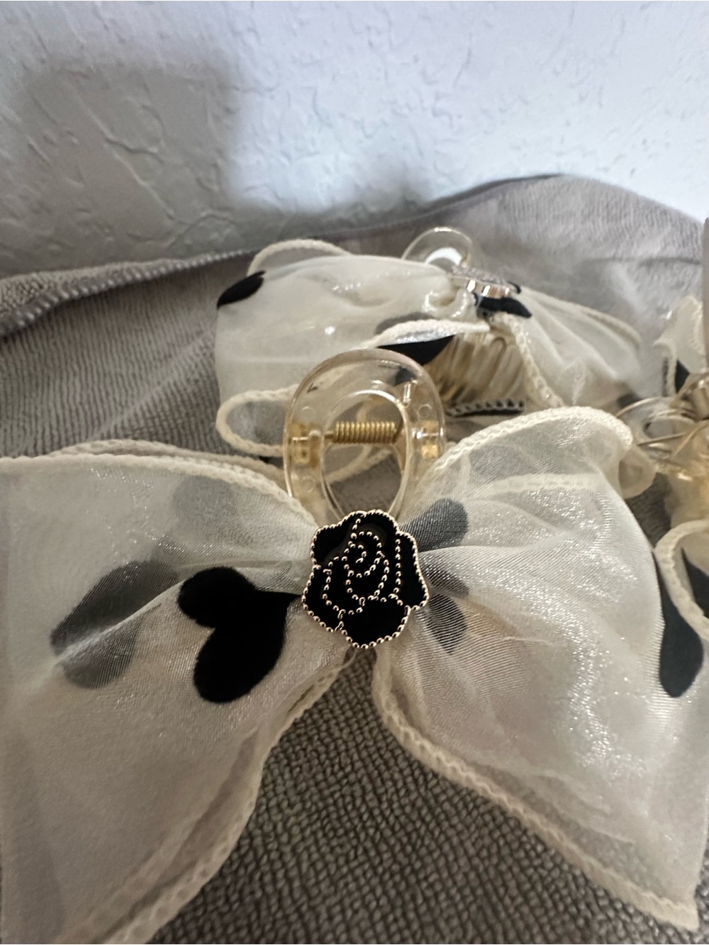 Sheer White and Black Floral Hair Claw Clip with Rose Accent 3 pieces